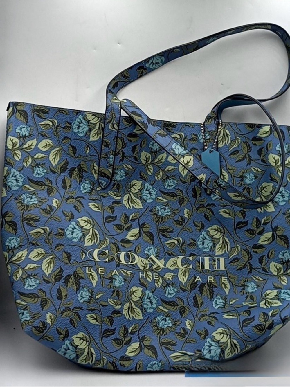 Coach Blue Floral Leather Tote with Pale Green Accents